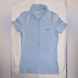 Baby blue short sleeve button top, women’s Lacoste